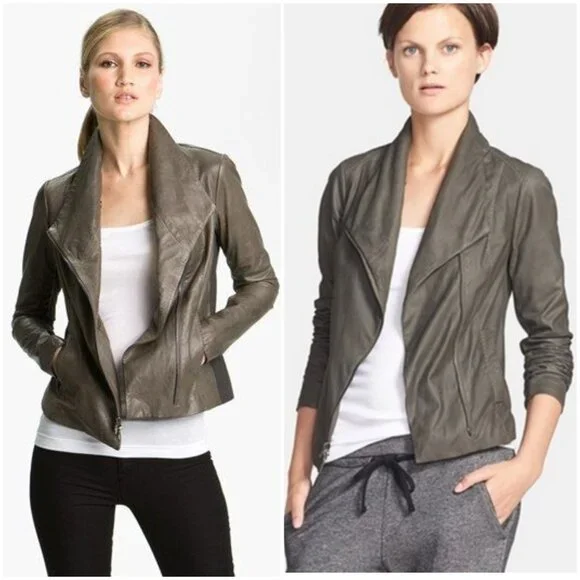 VINCE Leather Scuba Jacket Biker Lustrous Asymmetrical Minimalist Taupe Gray M